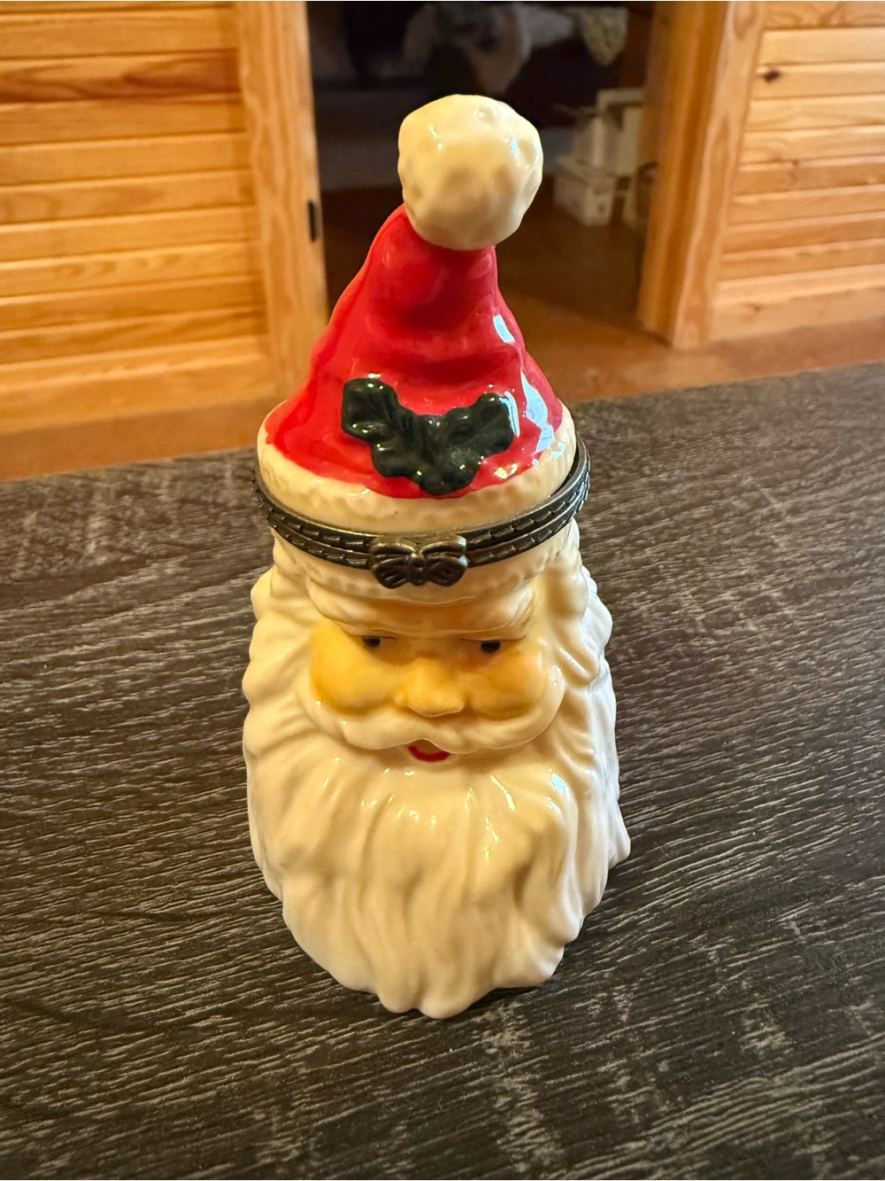 Ceramic Santa Head Holiday Trinket Box - Red and White